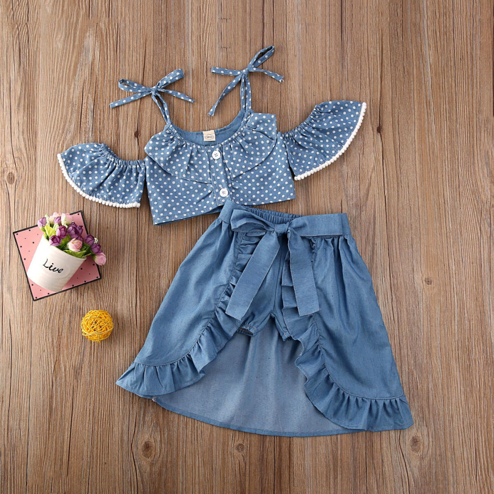 Girls' Polka Dot Sling Top Lace-up Dovetail Skirt