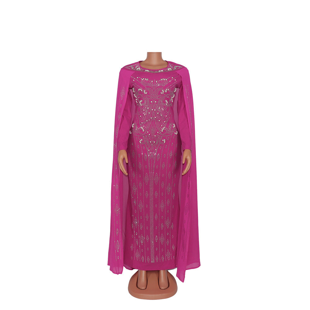 Robe en mousseline de soie à manches longues pour femme, vêtements tendance avec strass