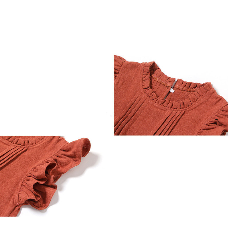 Robe de princesse en dentelle et lin à manches volantées, couleur unie