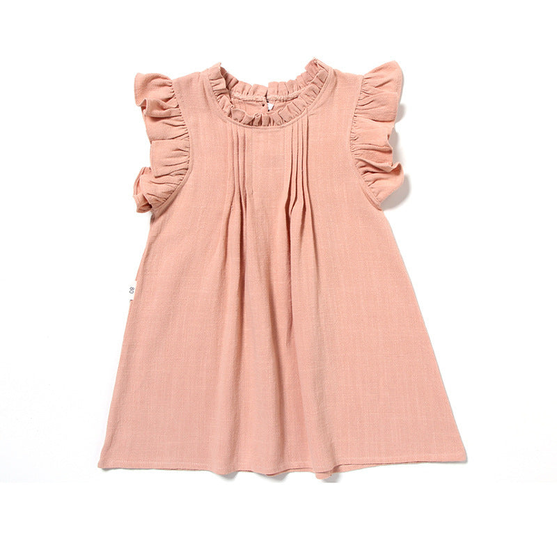 Princess Dress Lace Flying Sleeves Solid Color Linen Girl Dress