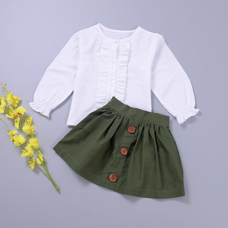 Two-Piece Long-Sleeved Lace Blouse Baby Girl Short Skirt