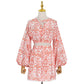 Navel V-neck Printed Lantern Sleeve Skirt Set