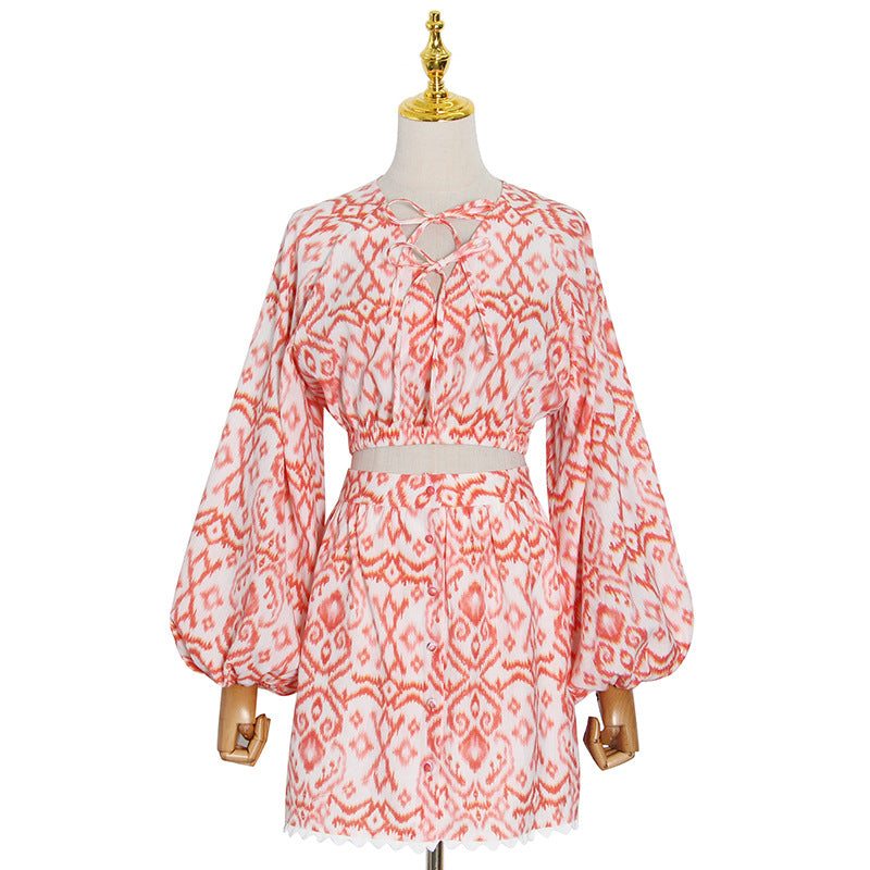 Navel V-neck Printed Lantern Sleeve Skirt Set