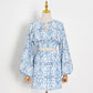 Navel V-neck Printed Lantern Sleeve Skirt Set