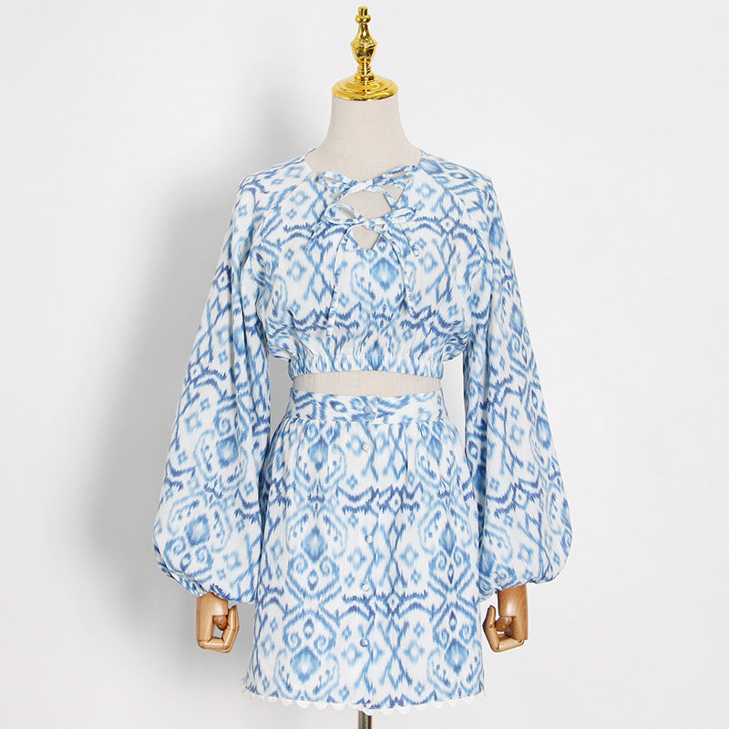 Navel V-neck Printed Lantern Sleeve Skirt Set