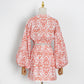 Navel V-neck Printed Lantern Sleeve Skirt Set