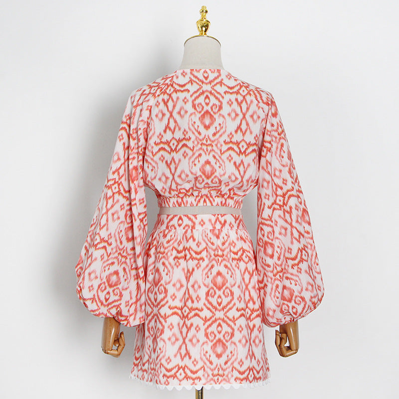 Navel V-neck Printed Lantern Sleeve Skirt Set