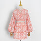 Navel V-neck Printed Lantern Sleeve Skirt Set