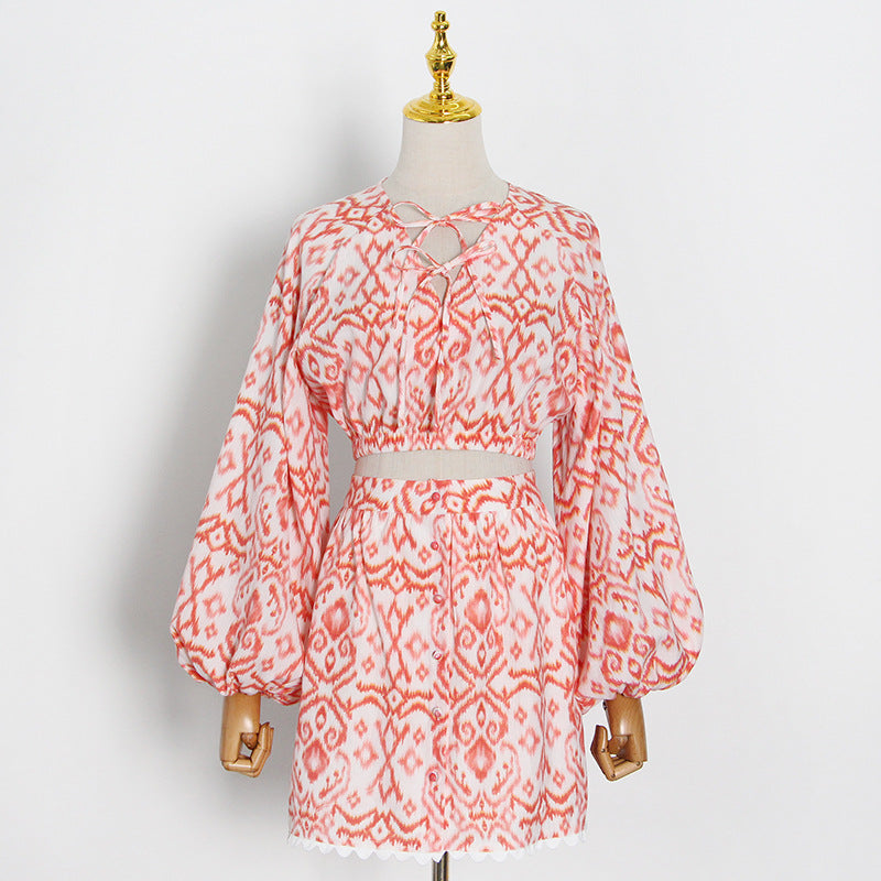 Navel V-neck Printed Lantern Sleeve Skirt Set