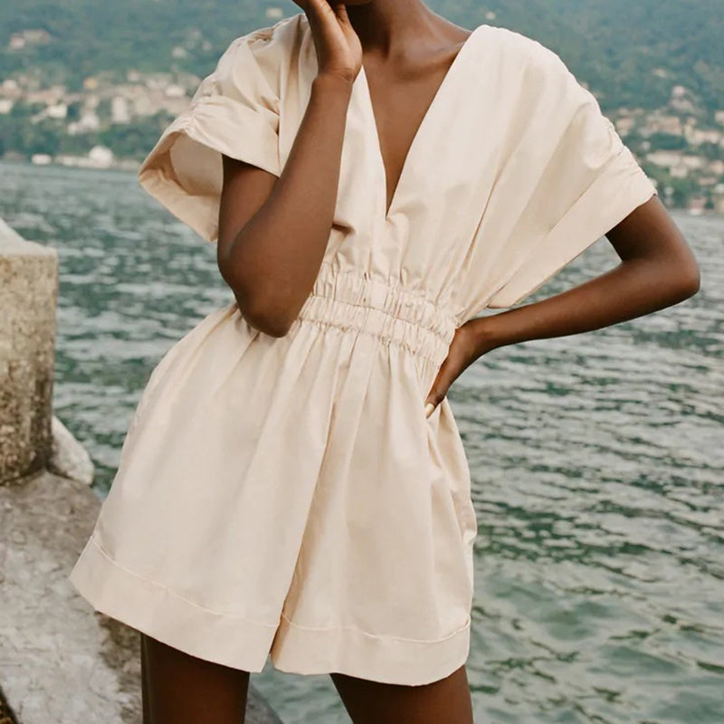 Combinaison plissée taille élastique col en V short
