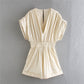 Pleated Jumpsuit Elastic Waist V-neck Shorts