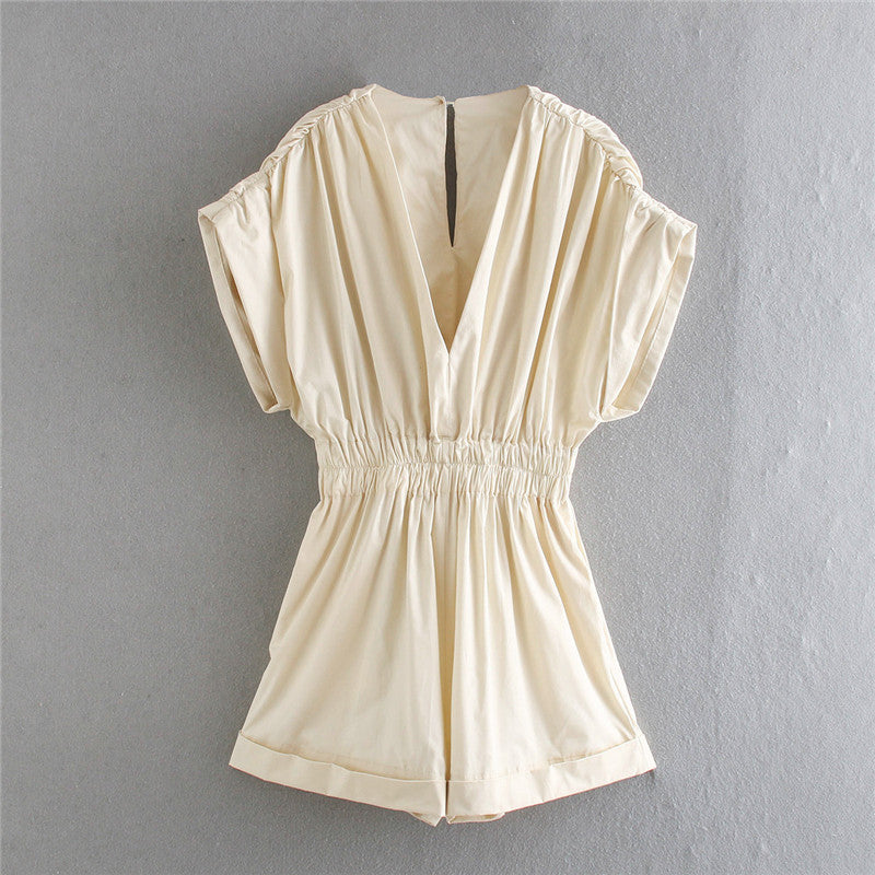 Combinaison plissée taille élastique col en V short