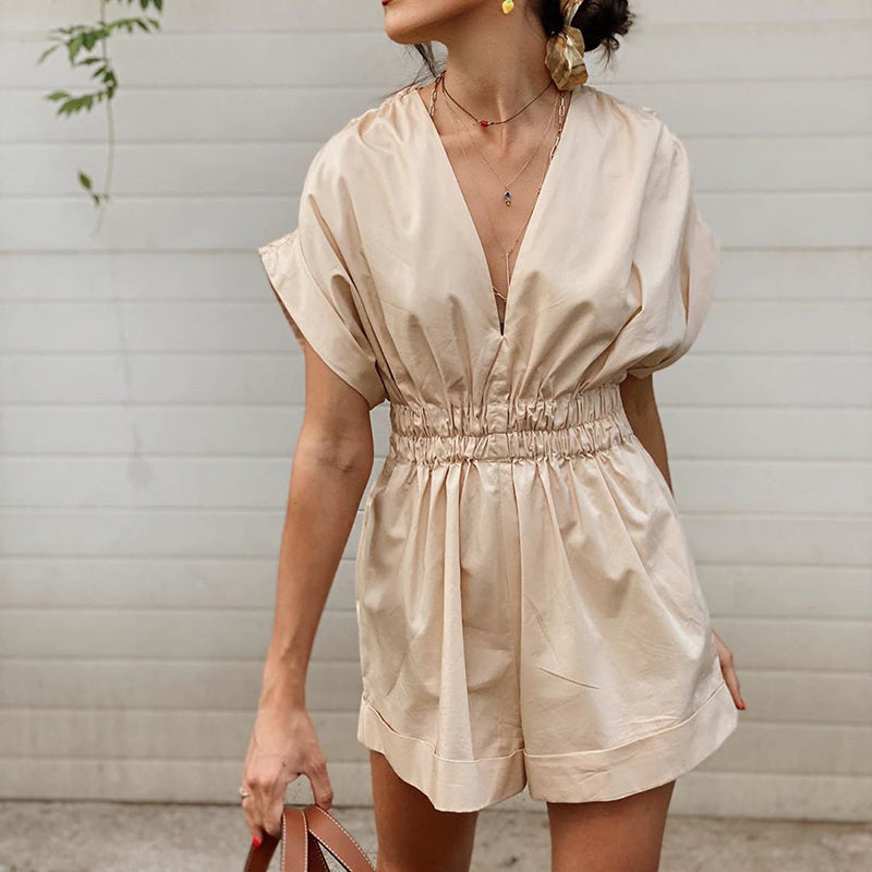 Pleated Jumpsuit Elastic Waist V-neck Shorts
