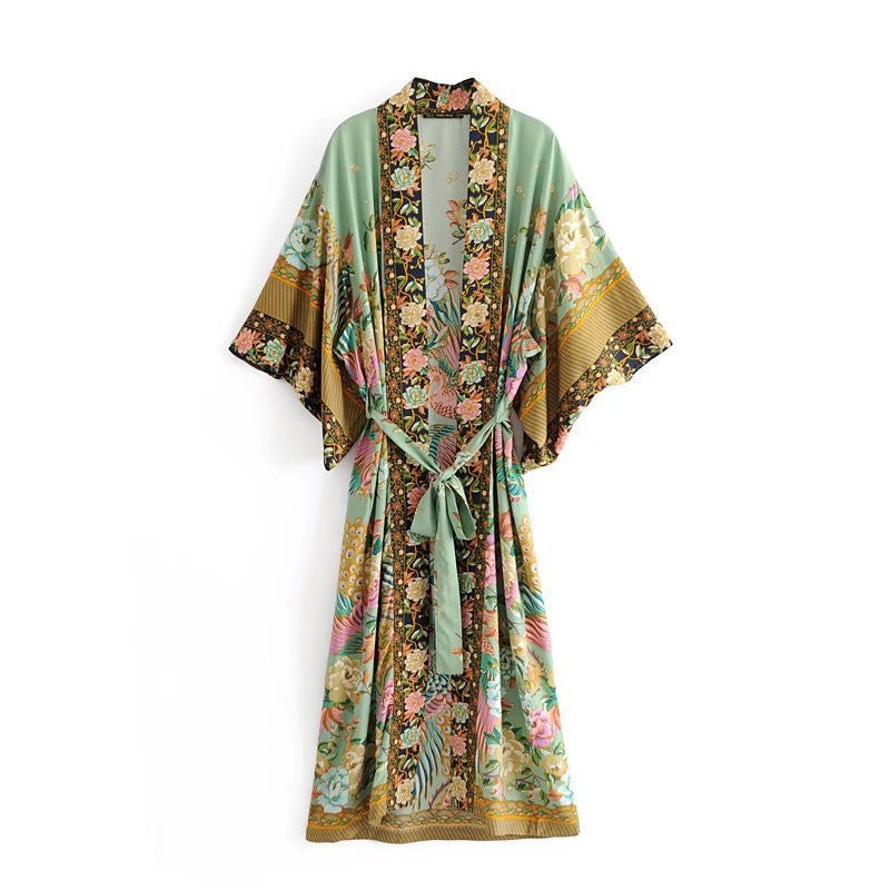 Robe kimono bohème à imprimé grue