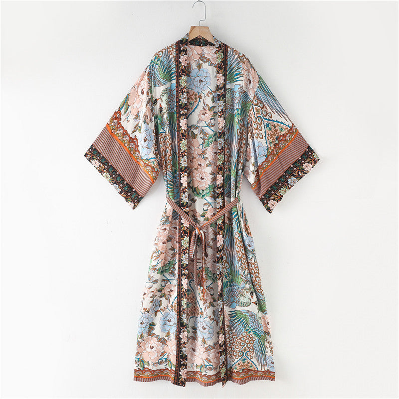 Robe kimono bohème à imprimé grue
