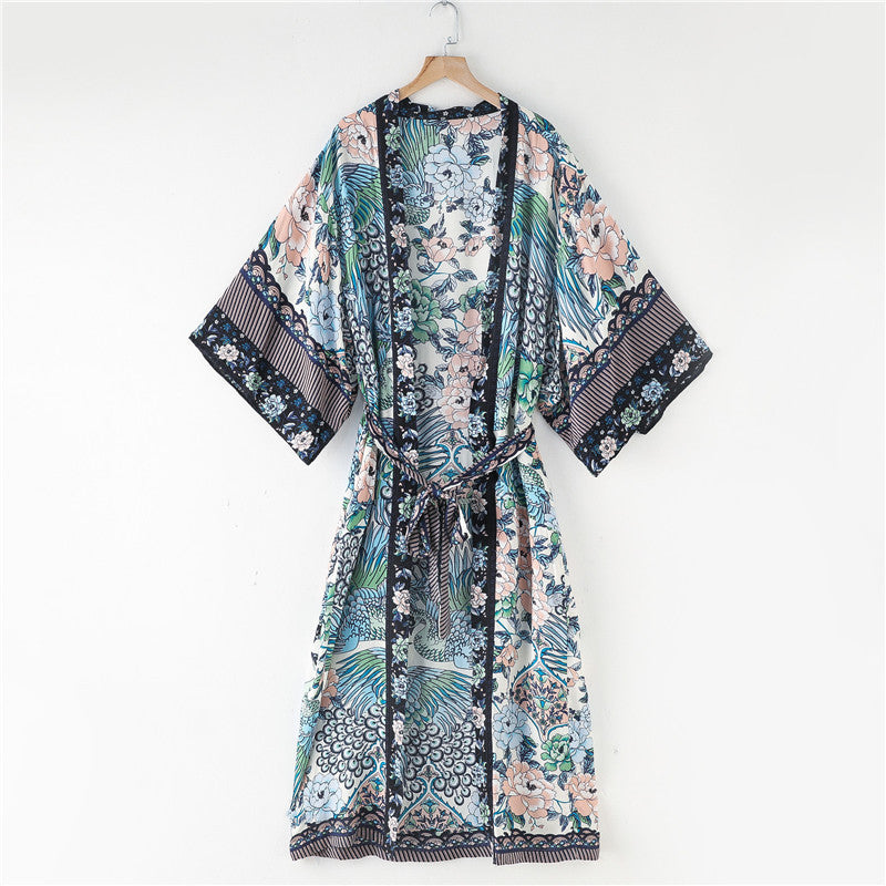 Robe kimono bohème à imprimé grue
