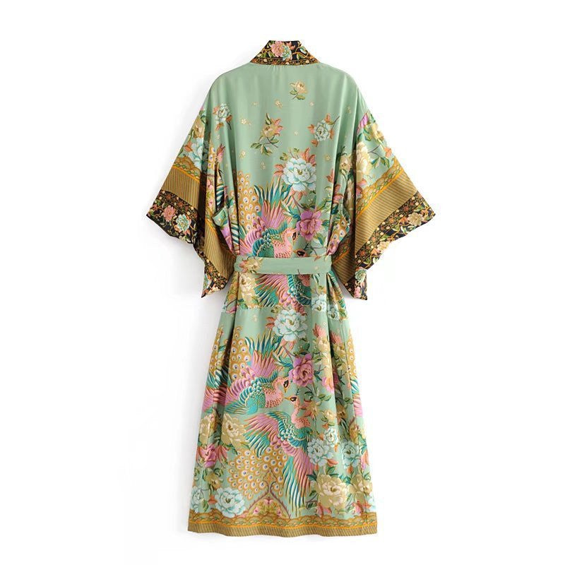 Robe kimono bohème à imprimé grue