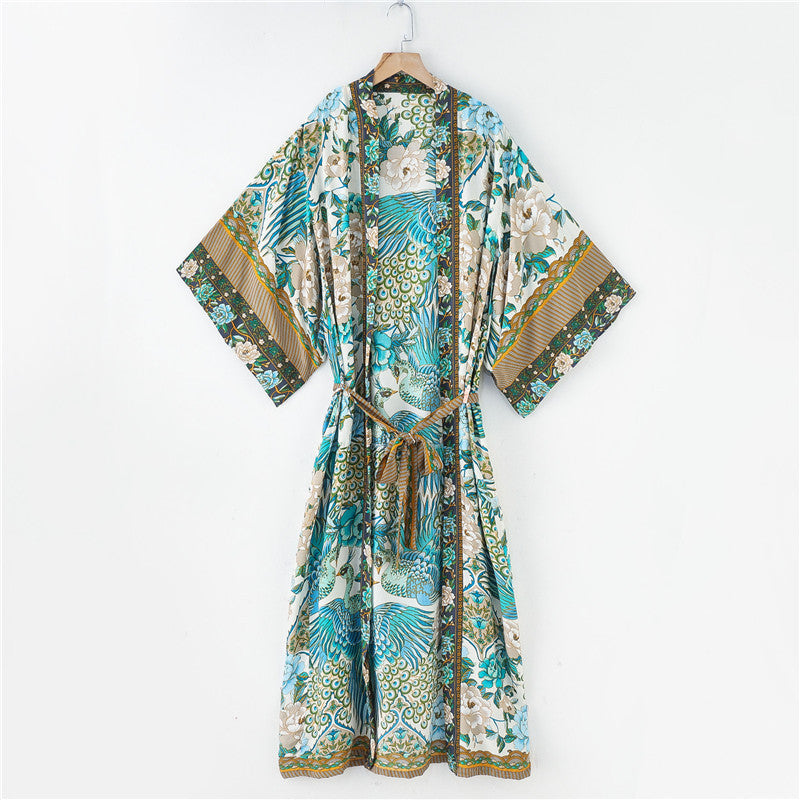 Robe kimono bohème à imprimé grue
