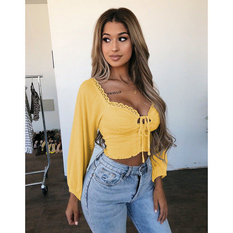 Off-The-Shoulder Comfortable Lace-Up Long-Sleeved Blouse T-shirt
