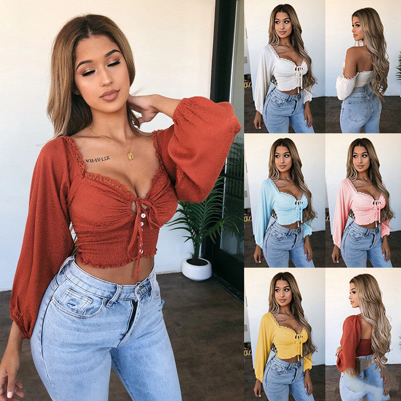 Off-The-Shoulder Comfortable Lace-Up Long-Sleeved Blouse T-shirt