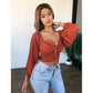 Off-The-Shoulder Comfortable Lace-Up Long-Sleeved Blouse T-shirt