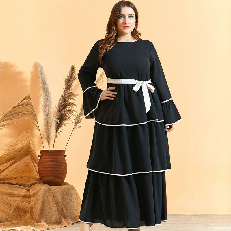 Women's Round Neck Black Multi-Layer Ruffled Flared Long-Sleeved Dress