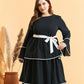 Women's Round Neck Black Multi-Layer Ruffled Flared Long-Sleeved Dress