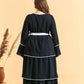Women's Round Neck Black Multi-Layer Ruffled Flared Long-Sleeved Dress