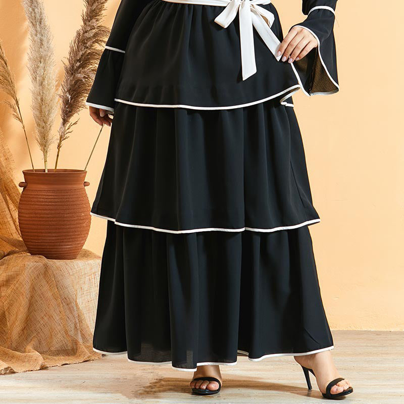 Women's Round Neck Black Multi-Layer Ruffled Flared Long-Sleeved Dress