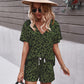 Leopard Print V Neck Short Sleeve Home Casual Suit Woman