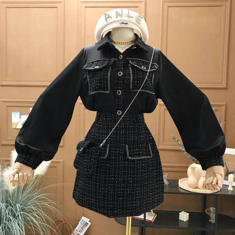 Three-Piece Tweed High Waist Skirt Bag Temperament Shirt Jacket