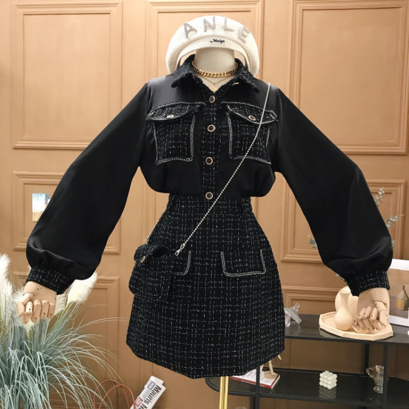 Three-Piece Tweed High Waist Skirt Bag Temperament Shirt Jacket