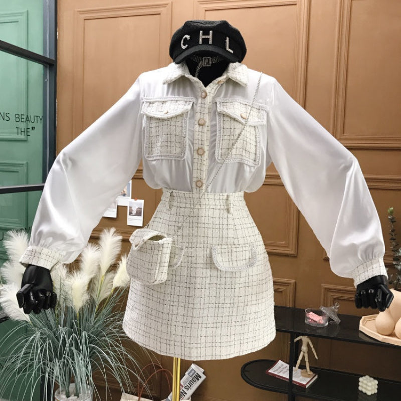 Three-Piece Tweed High Waist Skirt Bag Temperament Shirt Jacket