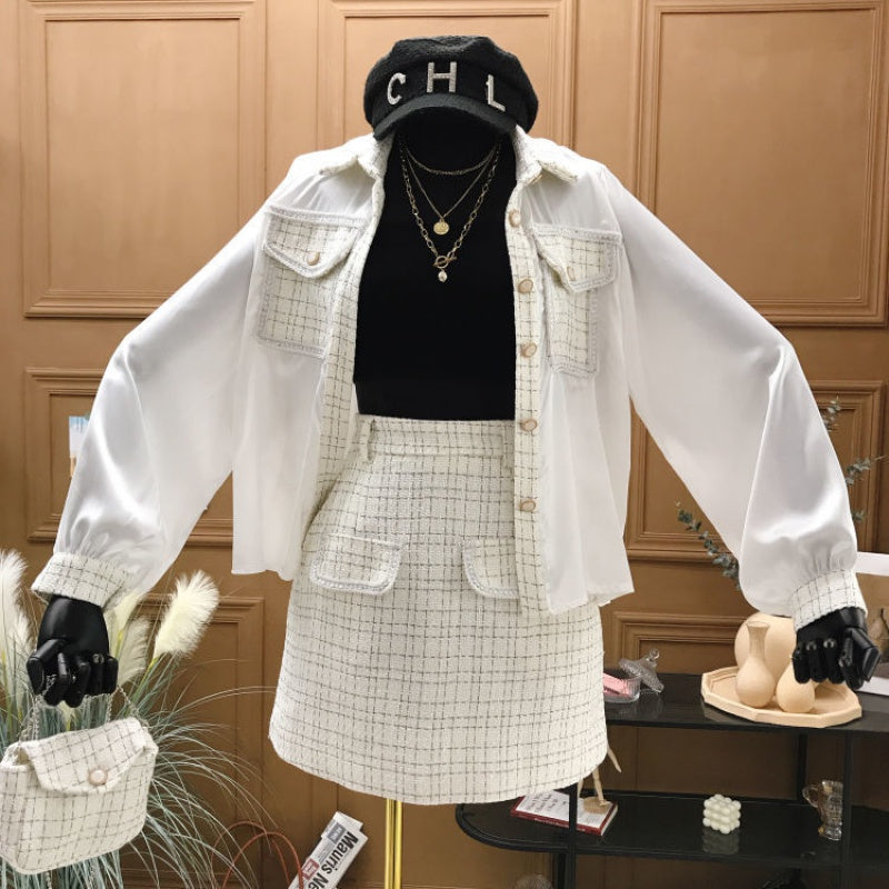 Three-Piece Tweed High Waist Skirt Bag Temperament Shirt Jacket