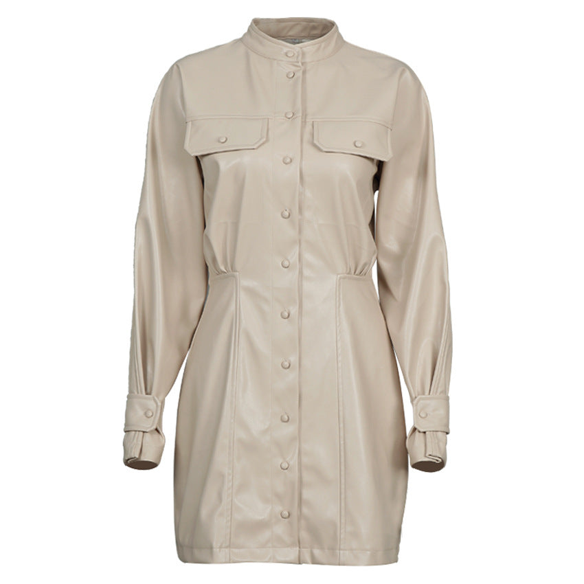 Fashionable High Neck, Long Sleeves, Slim Pockets, Thin, Puff Sleeves, PU Bag Hip Dress