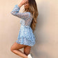 Printed Ruffled Long-Sleeved V-Neck Jumpsuit