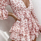 Printed Ruffled Long-Sleeved V-Neck Jumpsuit