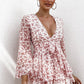 Printed Ruffled Long-Sleeved V-Neck Jumpsuit