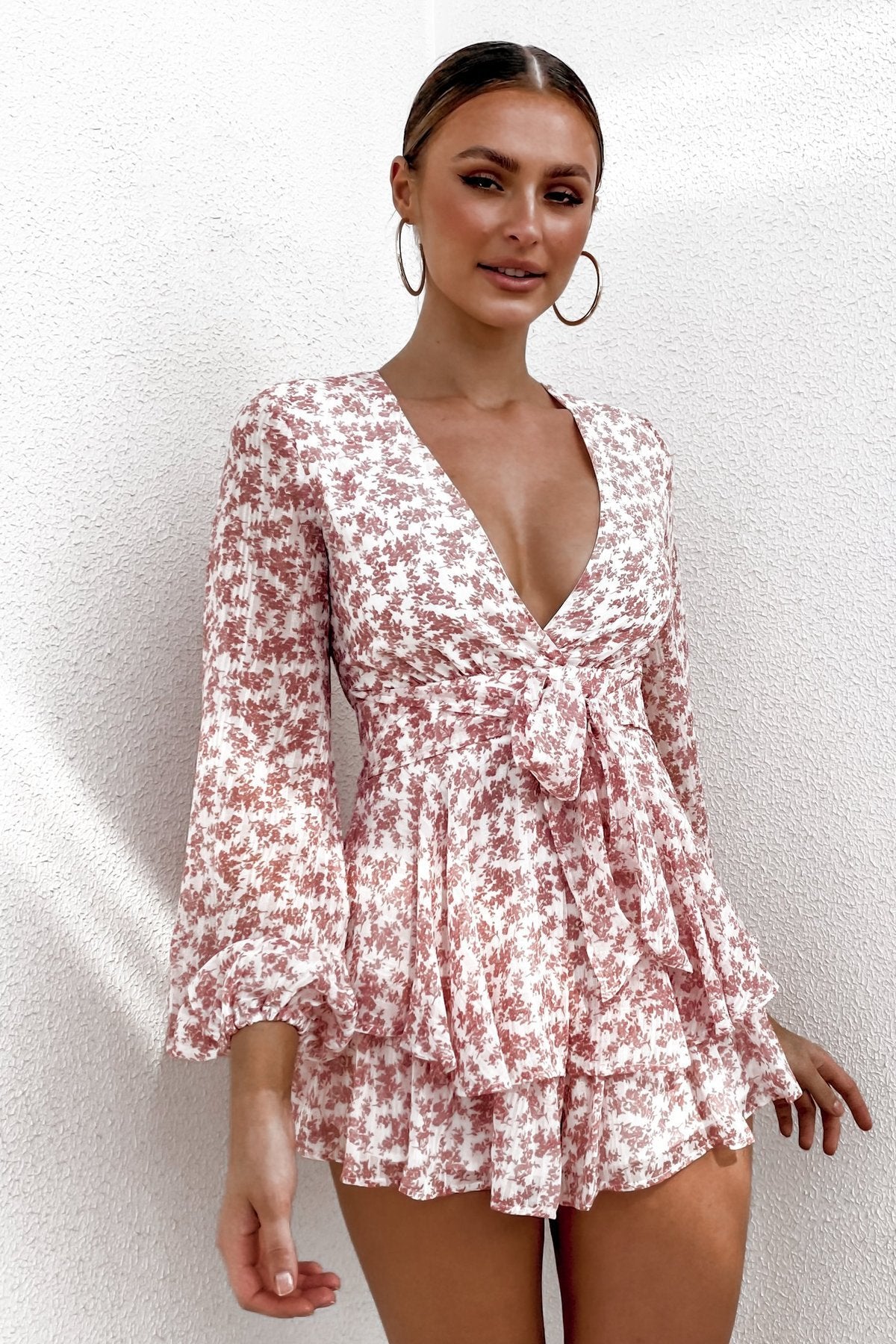 Printed Ruffled Long-Sleeved V-Neck Jumpsuit