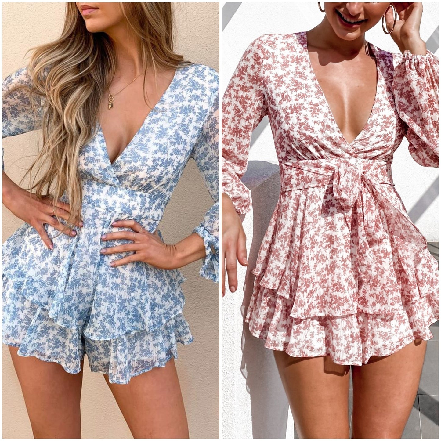 Printed Ruffled Long-Sleeved V-Neck Jumpsuit