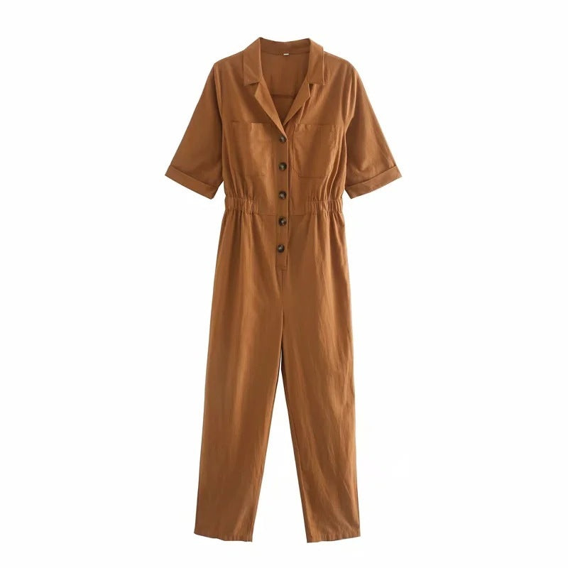 Women's Spring New Short-Sleeved Linen Jumpsuit