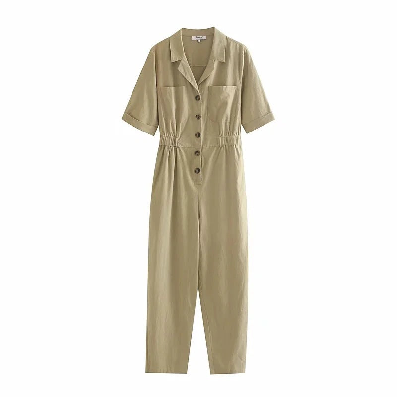 Women's Spring New Short-Sleeved Linen Jumpsuit