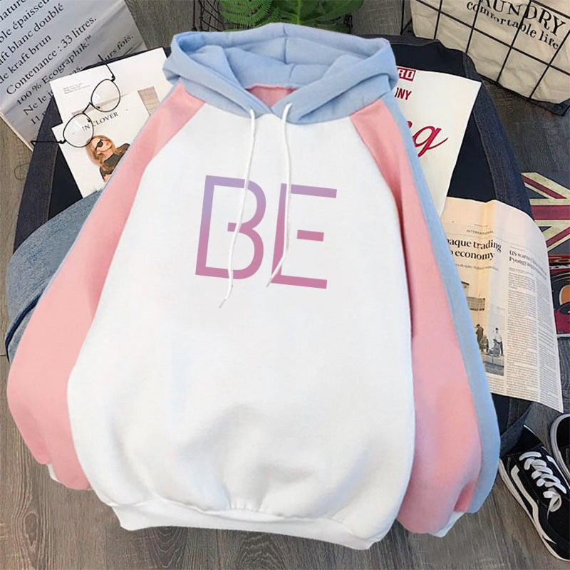 Plus Fleece Youth Color Block Hoodie BE Contrast Color Sweatshirt Women