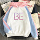 Plus Fleece Youth Color Block Hoodie BE Contrast Color Sweatshirt Women