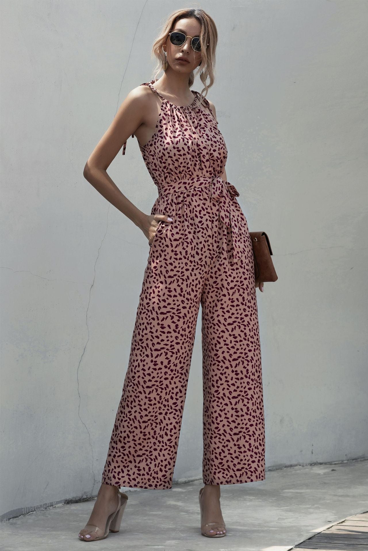 Dot Sling Halter Wide-Leg Casual Jumpsuit