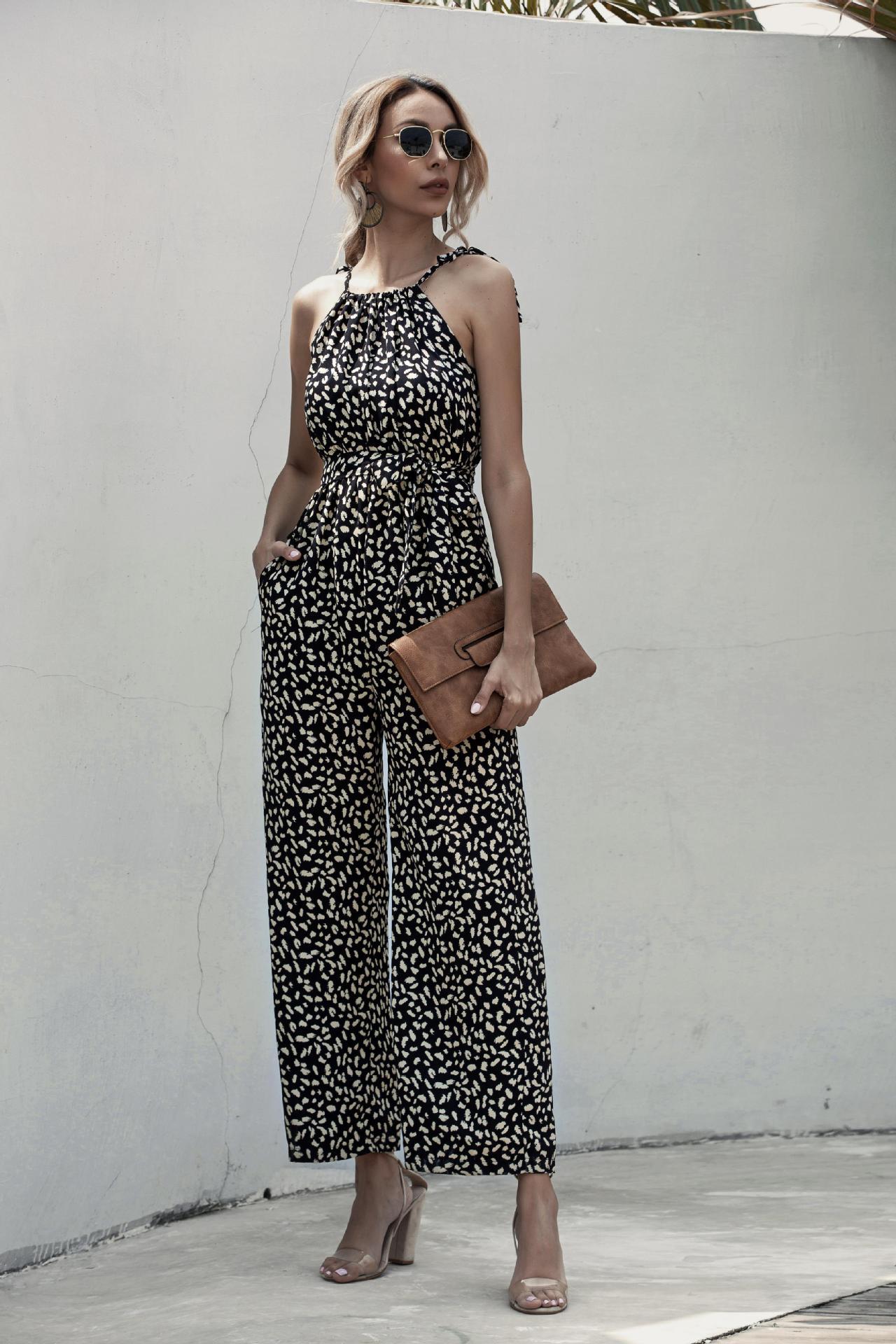 Dot Sling Halter Wide-Leg Casual Jumpsuit