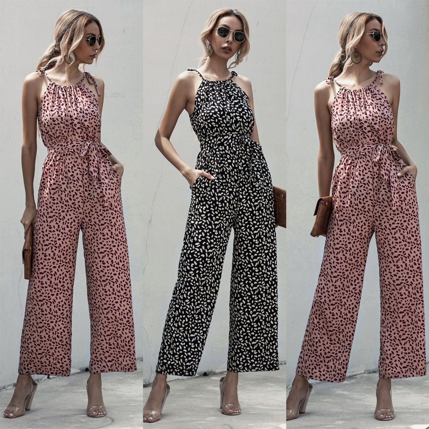 Dot Sling Halter Wide-Leg Casual Jumpsuit