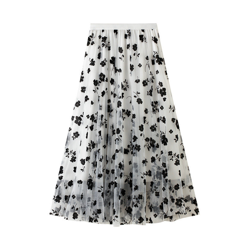 Thin Drape Pleated Skirt Flocking Mesh Skirt Women
