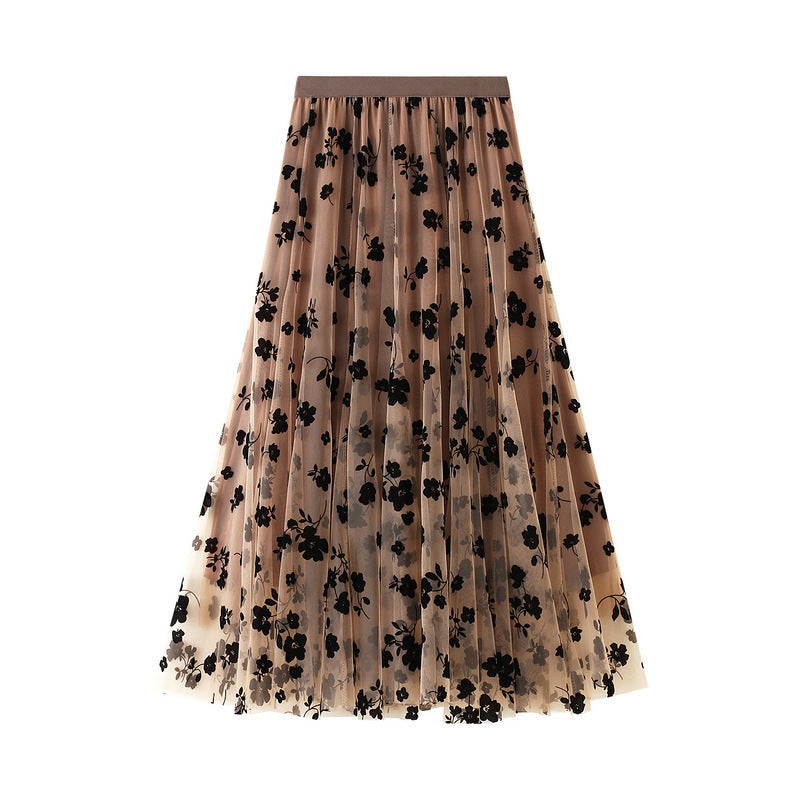 Thin Drape Pleated Skirt Flocking Mesh Skirt Women