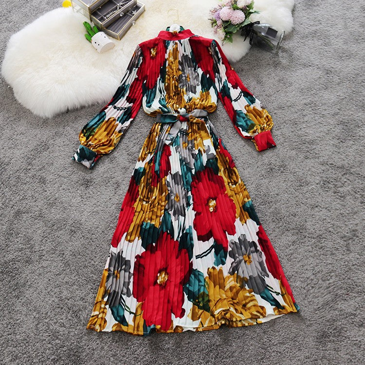 Cage Sleeves Lace Up Versatile Mid-length Pleated Dress